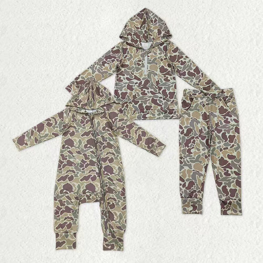 Sibling Baby Boys Southern Khaki Camo Hoodies Pockets Pants Set Zipper Convertible Rompers