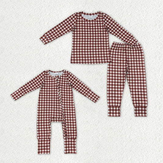 Sibling Baby Boys Long Sleeves Khaki Checked Top Pant Fall Pajamas Set Zip Rompers