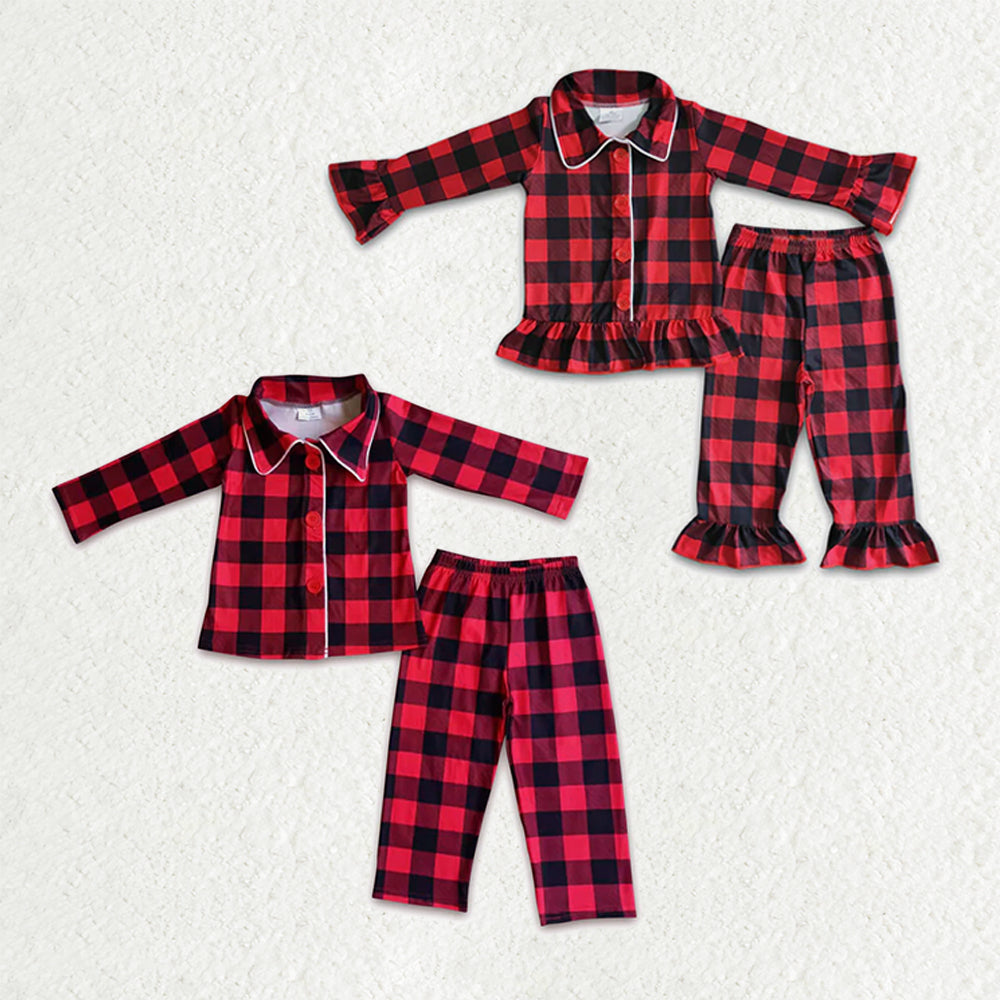 Sibling Baby Boys Girls Red Checked Button Pants Christmas Pajamas Sets