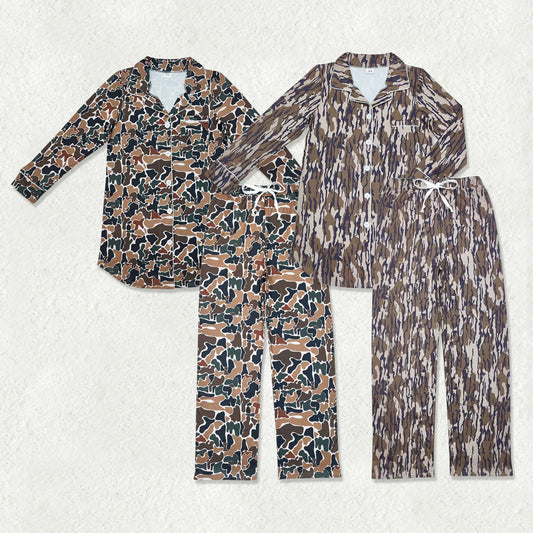 Sibling Adult Women Southern Camo Pocket Buttons Top Pants Pajamas Sets