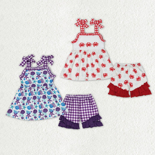 Sibling Baby Girls Strap Crabs Starfishes Tunic Ruffle Shorts Clothes Sets