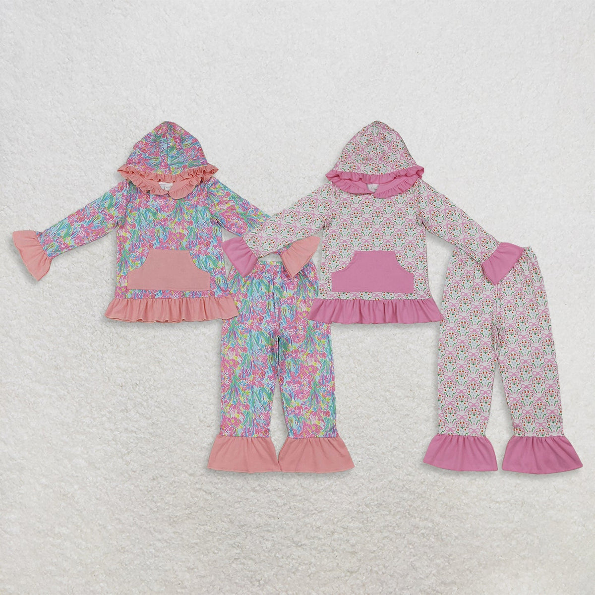 Siblings Baby Girls Colorful Flowers Pockets Ruffle Hoodie Pant Fall Clothes Sets