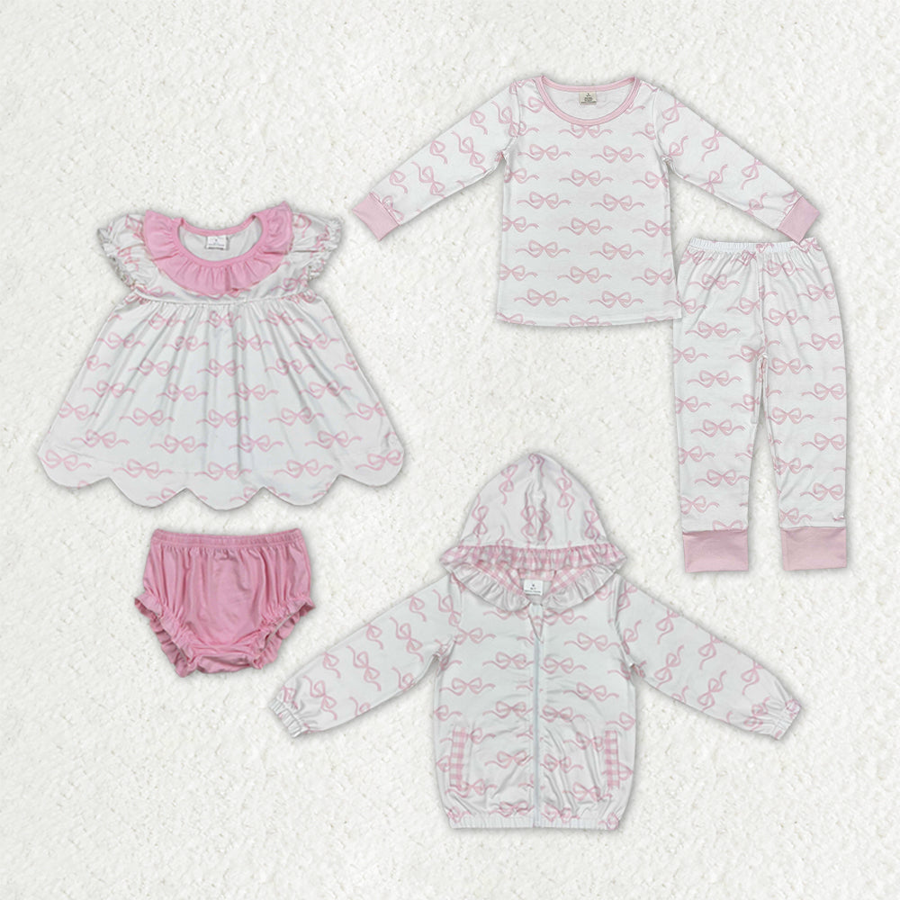 Sibling Baby Girls Bows Bamboo Pajamas Set Hoodies Jacket Bummies Set