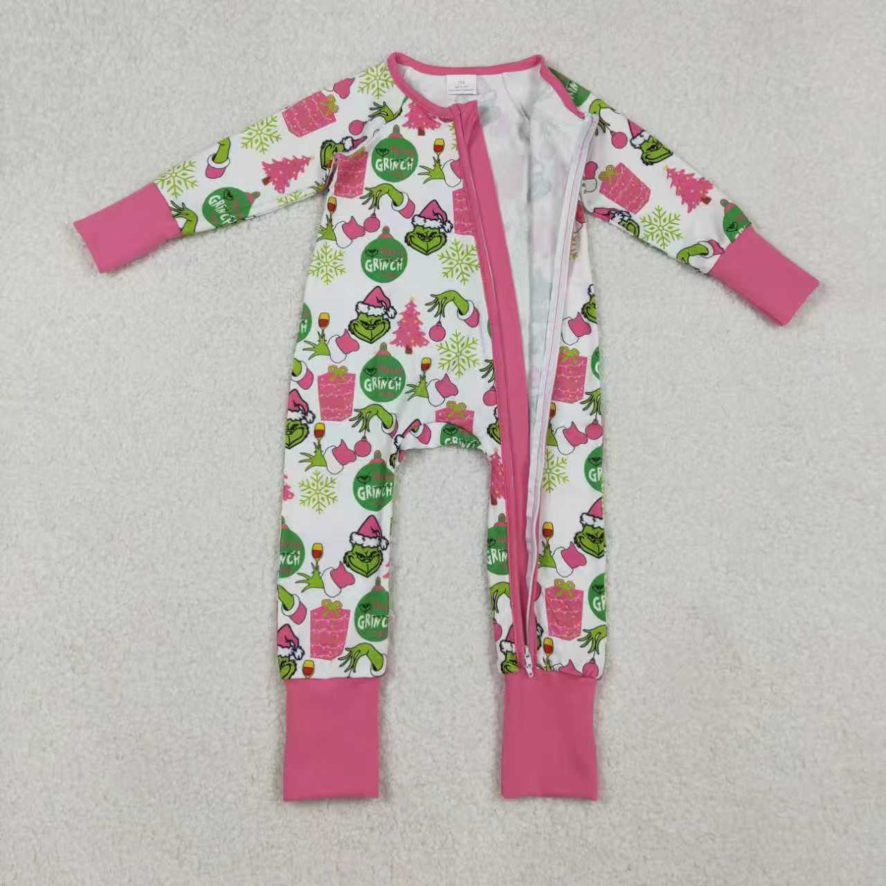 Sibling Baby Girls Green Faces Trees Lights Christmas Ruffle Knee Length Dress Pajamas Sets Footie Rompers