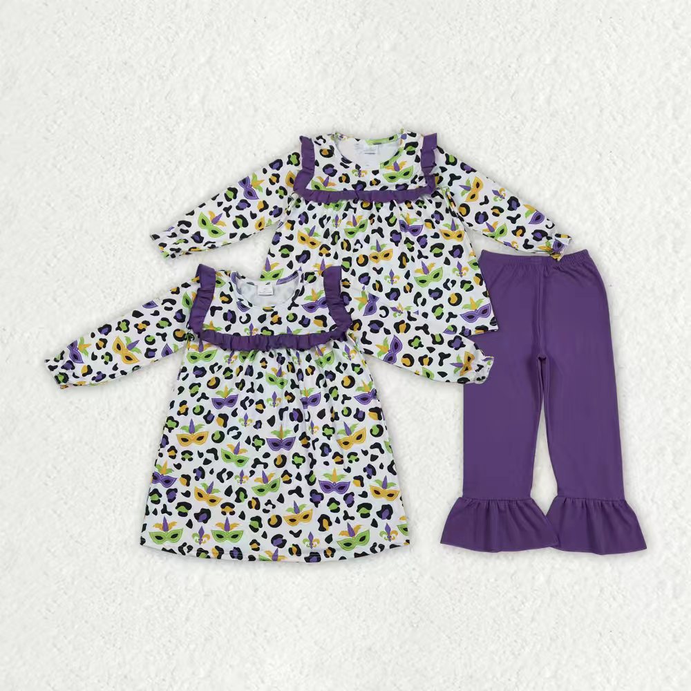 Sibling Baby Girls Mardigras Anchors Leopard Ruffle Pants Clothes Set Knee Length Dress