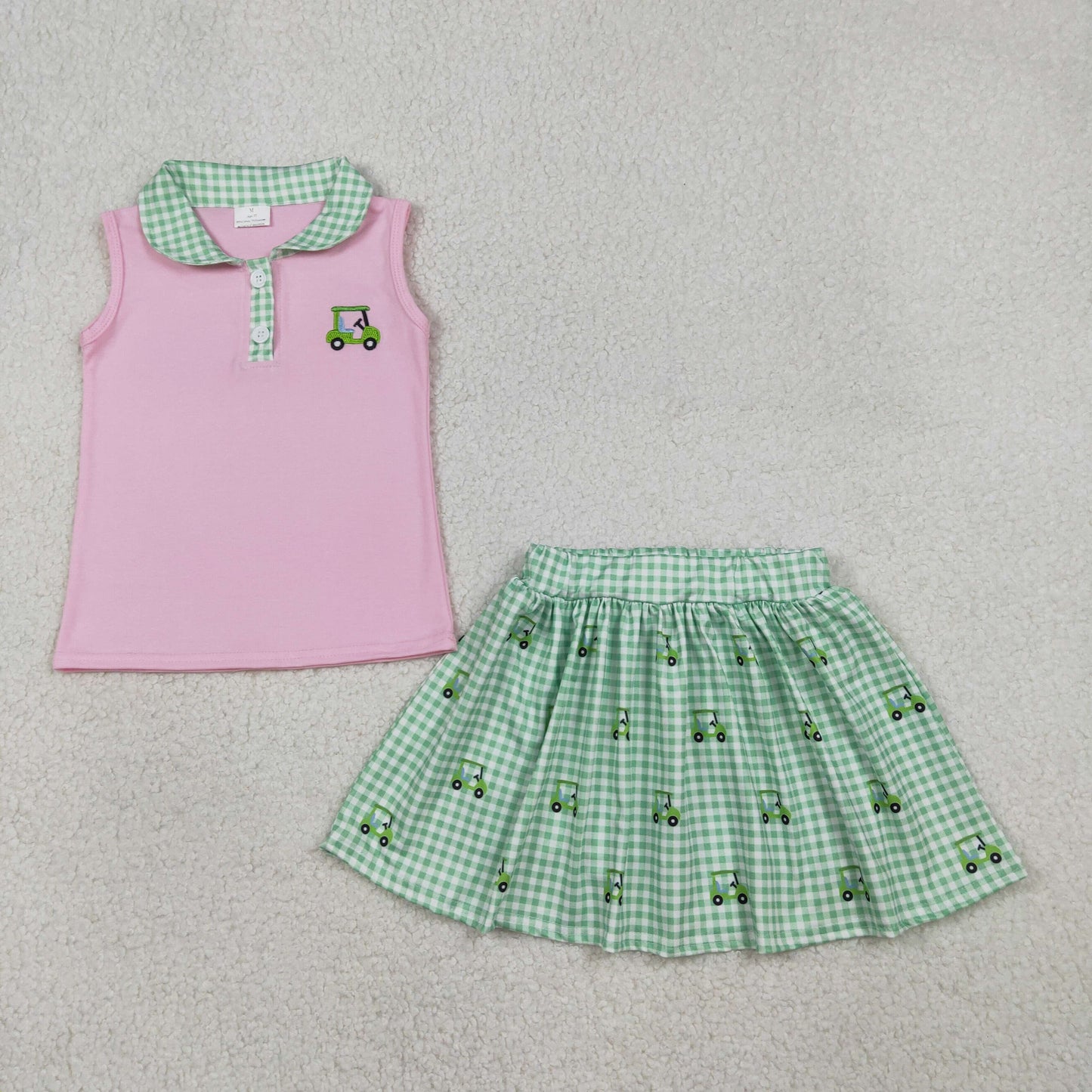 Sibling Baby Boys Girls Embroidery Golf Trucks Top Green Checked Shirt Shorts Clothes Sets