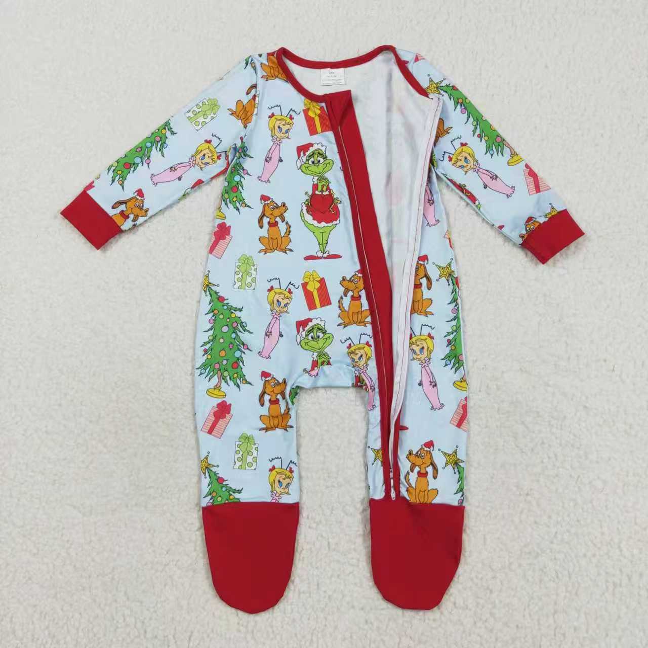 Sibling Baby Boys Green Face Miss Christmas Pajamas Set Zipper Footed Romper