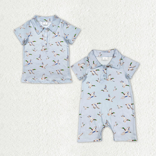 Sibling Baby Boys Short Sleeve Ducks Hunting Button Polo Shirt Top Short Rompers