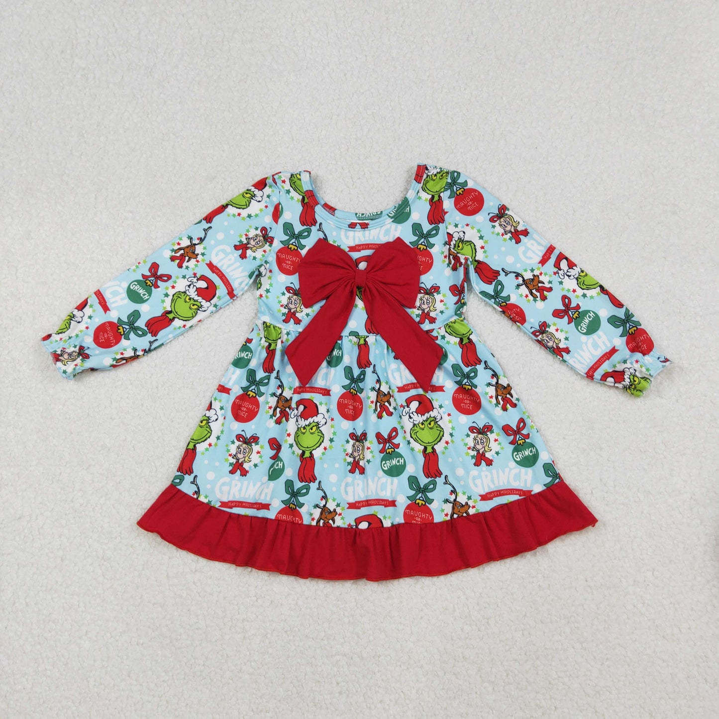 Sibling Baby Girls Green Faces Miss Lights Bows Ruffle Christmas Knee Length Dresses Rompers