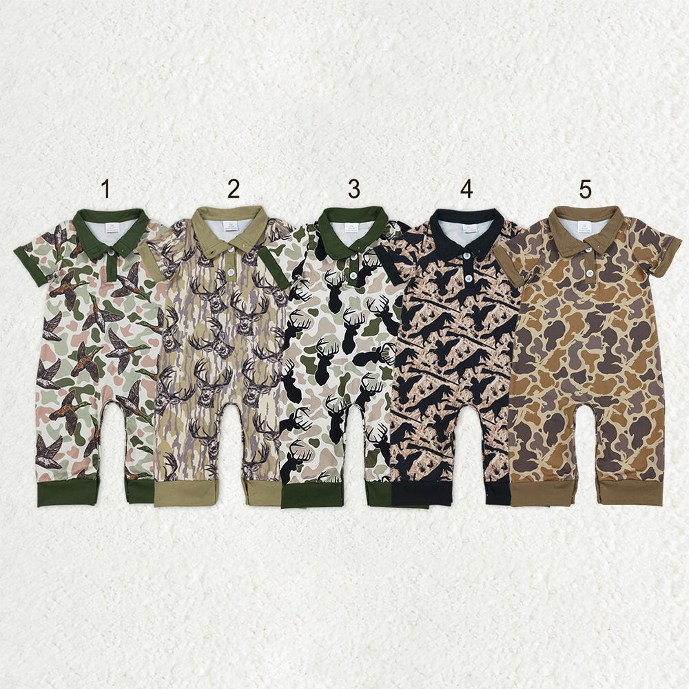 Sibling Baby Boys Short Sleeve Southern Hunting Duck Dogs Deer Camo Button Rompers
