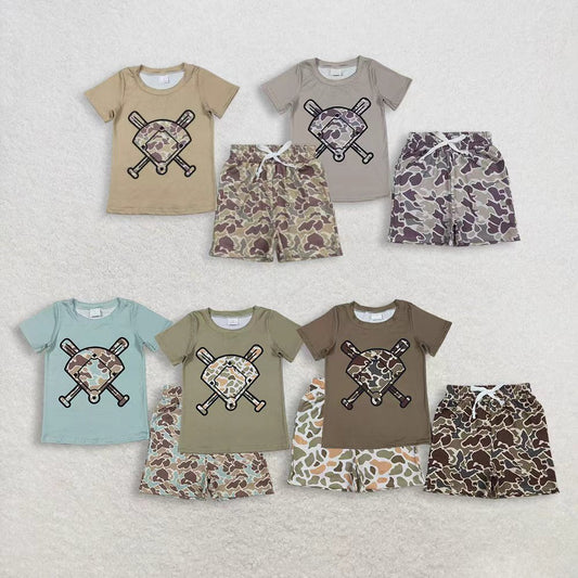 Sibling Baby Boys Short Sleeve Camo Baseballs Top Pockets Shorts Team Clothes Sets