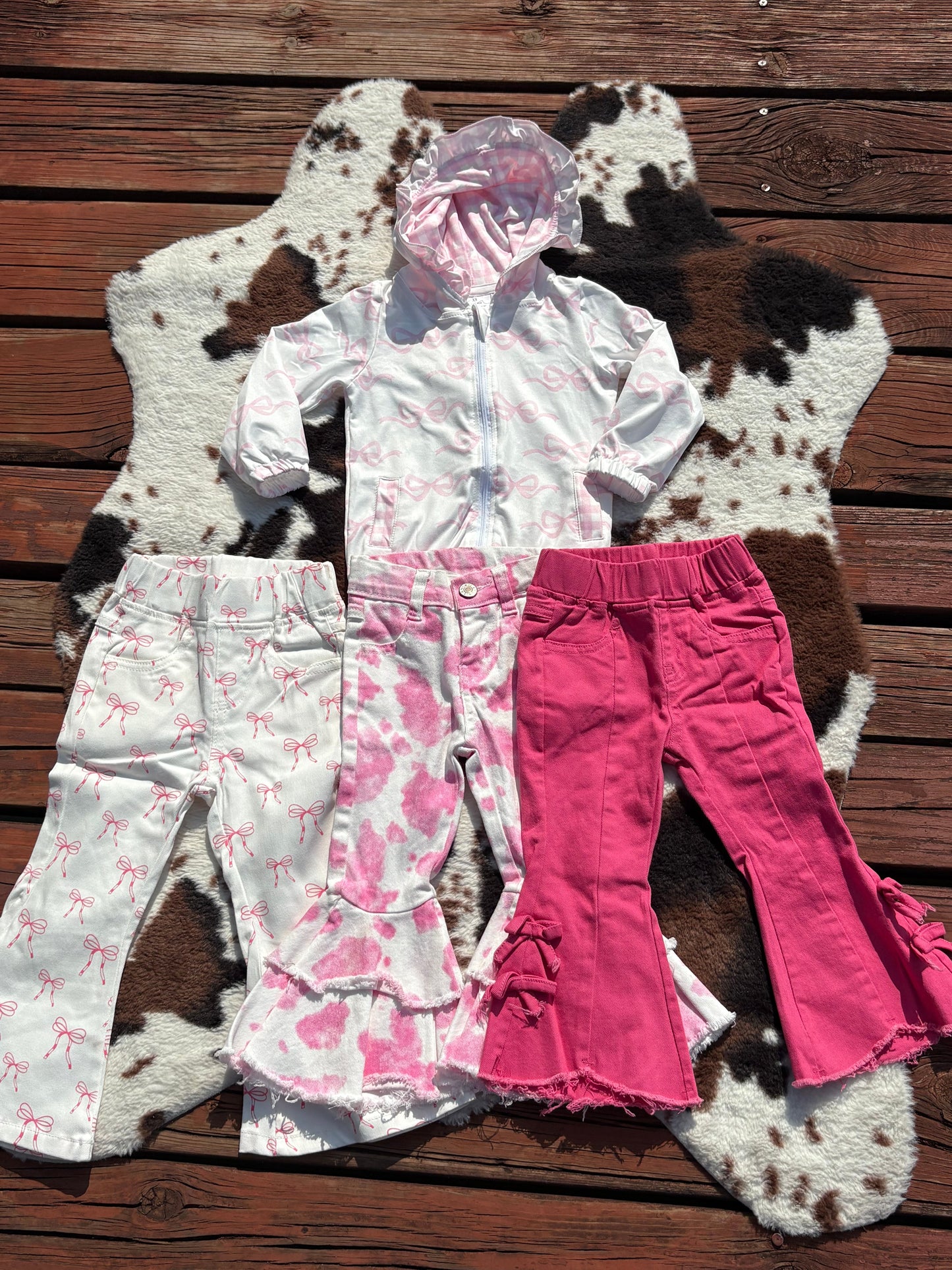 Sibling Baby Girls Pink Bows Zip Pocket Hoodies Jacket Denim Bell Bottom Pants Clothes Sets
