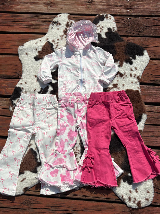 Sibling Baby Girls Pink Bows Zip Pocket Hoodies Jacket Denim Bell Bottom Pants Clothes Sets