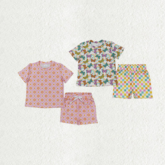 Sibling Baby Girls Short Sleeves Daisy Flowers Butterfly Top Short Pajamas Sets