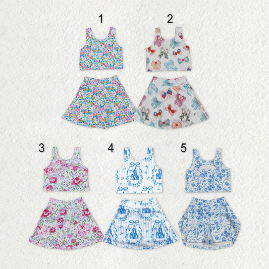 Sibling Baby Girls Flowers Bows Sleeveless Vest Yoga Athletic Skorts Sets