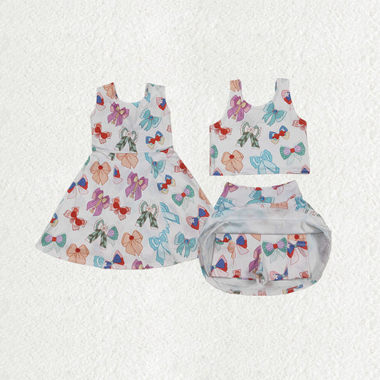 Sibling Baby Girls Colorful Flowers Bows Shorts Active Yoga Athletic Dress Skorts Set