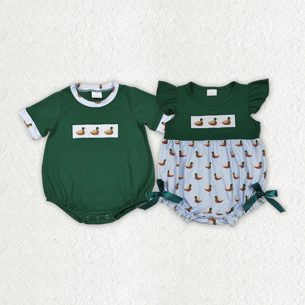 Sibling Baby Boys Girls Green Ducks Hunting Rompers