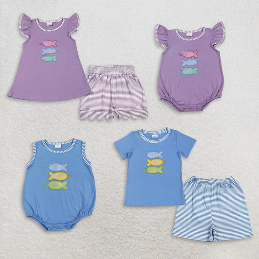 Sibling Baby Kids Embroidery Fishes Top Stripe Short Hunting Clothes Set Rompers