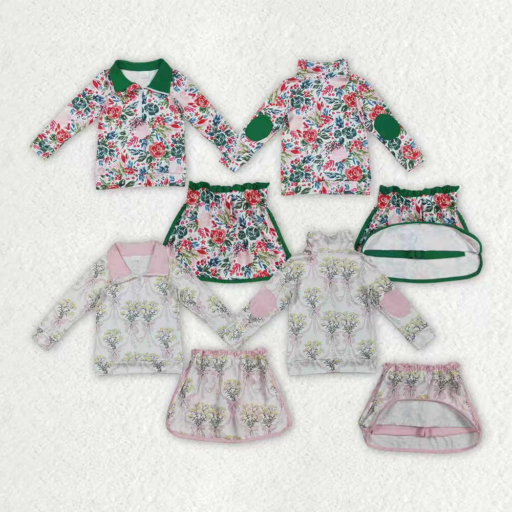 Sibling Baby Girls Spring Flowers Zipper Top Ruffle Skirt Shorts Clothes Sets