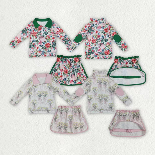 Sibling Baby Girls Spring Flowers Zipper Top Ruffle Skirt Shorts Clothes Sets