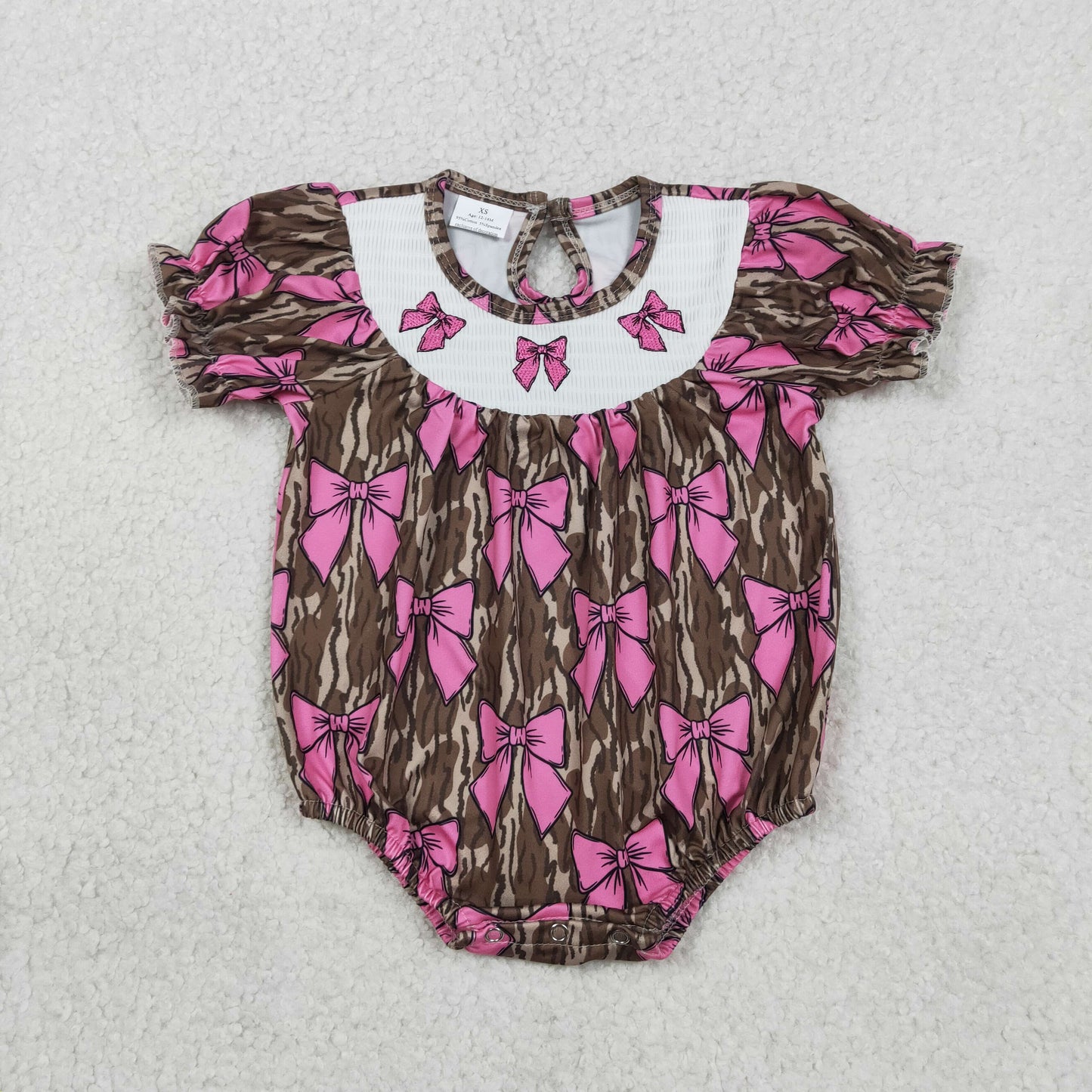 Sibling Smocked Bows Baby Girls Olive Camo Knee Length Dress Ruffle Romper Flare Pants