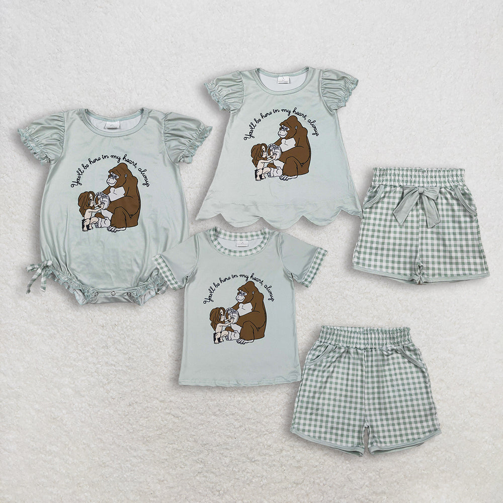 Sibling Baby Boys Girls Cartoon Monkey Top Checked Pockets Short Clothes Set Rompers