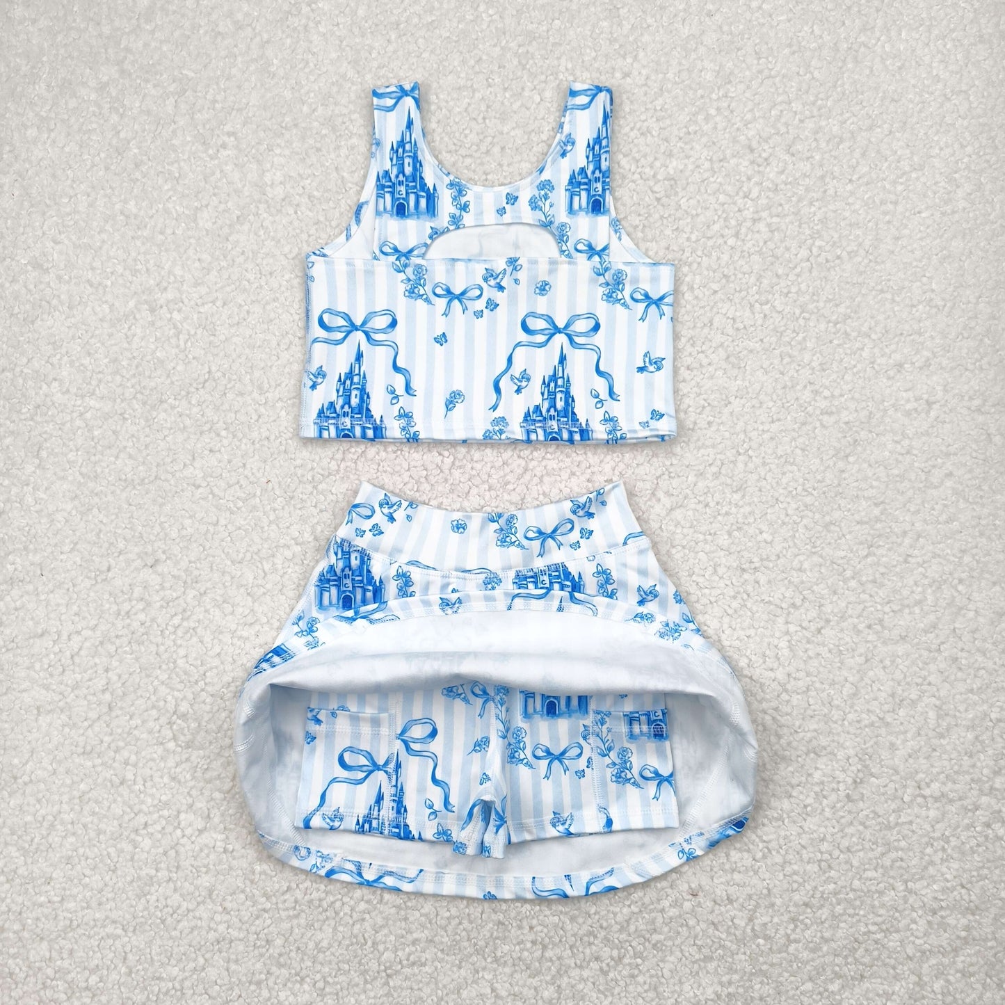 Sibling Baby Girls Blue Castles Athletic Active Wear Top Shorts Skirts Outfits Knee Length Dresses