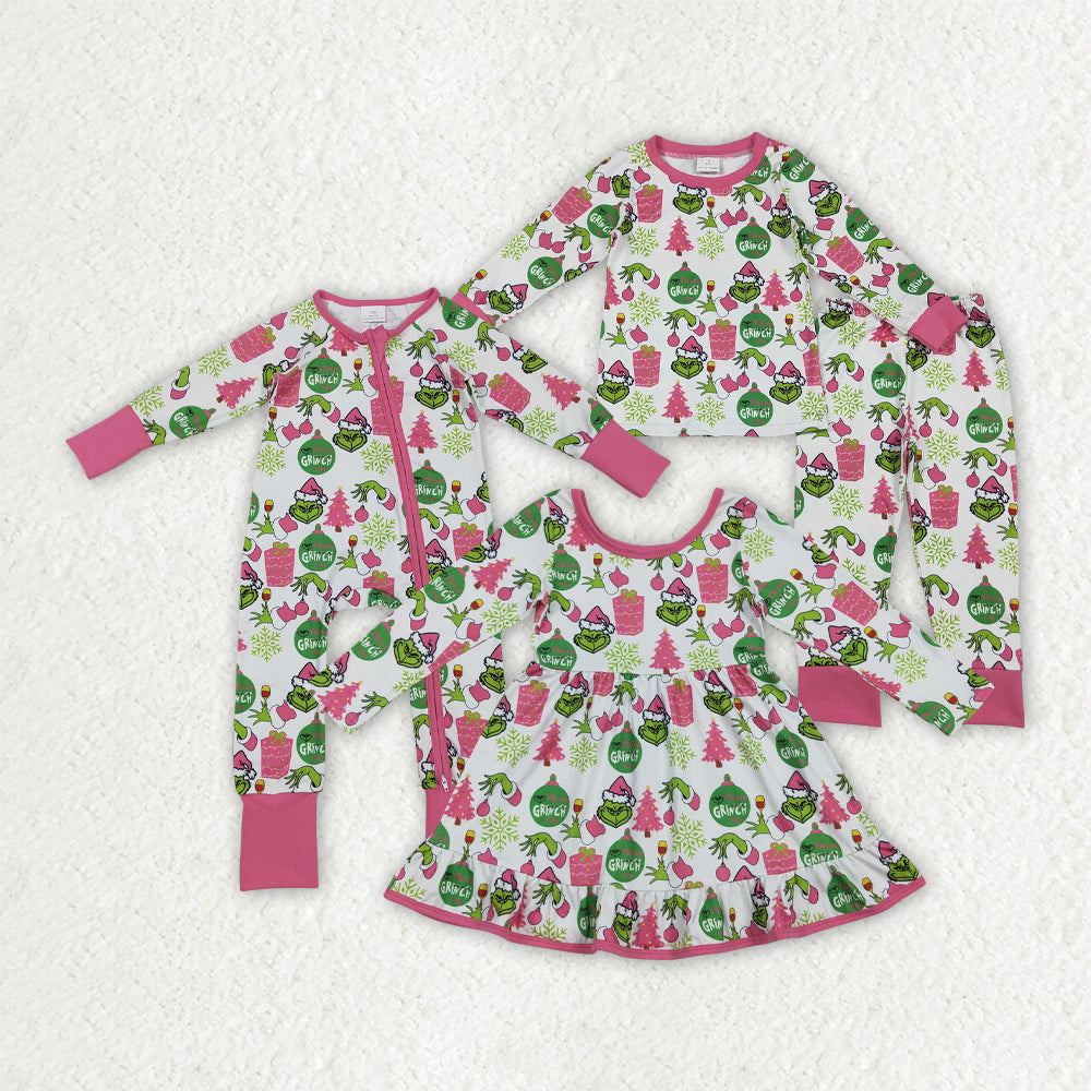 Sibling Baby Girls Green Faces Trees Lights Christmas Ruffle Knee Length Dress Pajamas Sets Footie Rompers