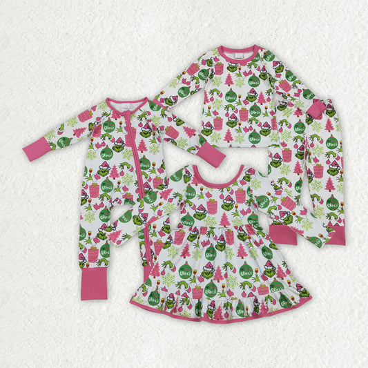 Sibling Baby Girls Green Faces Trees Lights Christmas Ruffle Knee Length Dress Pajamas Sets Footie Rompers