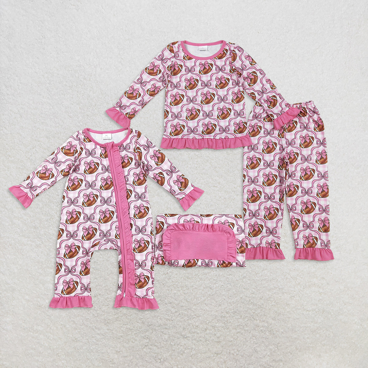 Sibling Baby Girls Pink Bows Footballs Top Pant Team Pajamas Set Zipper Footie Rompers