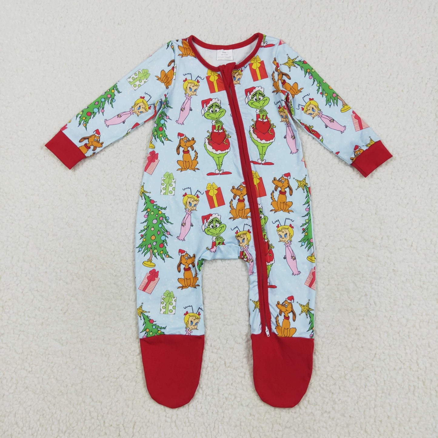 Sibling Baby Boys Green Face Miss Christmas Pajamas Set Zipper Footed Romper