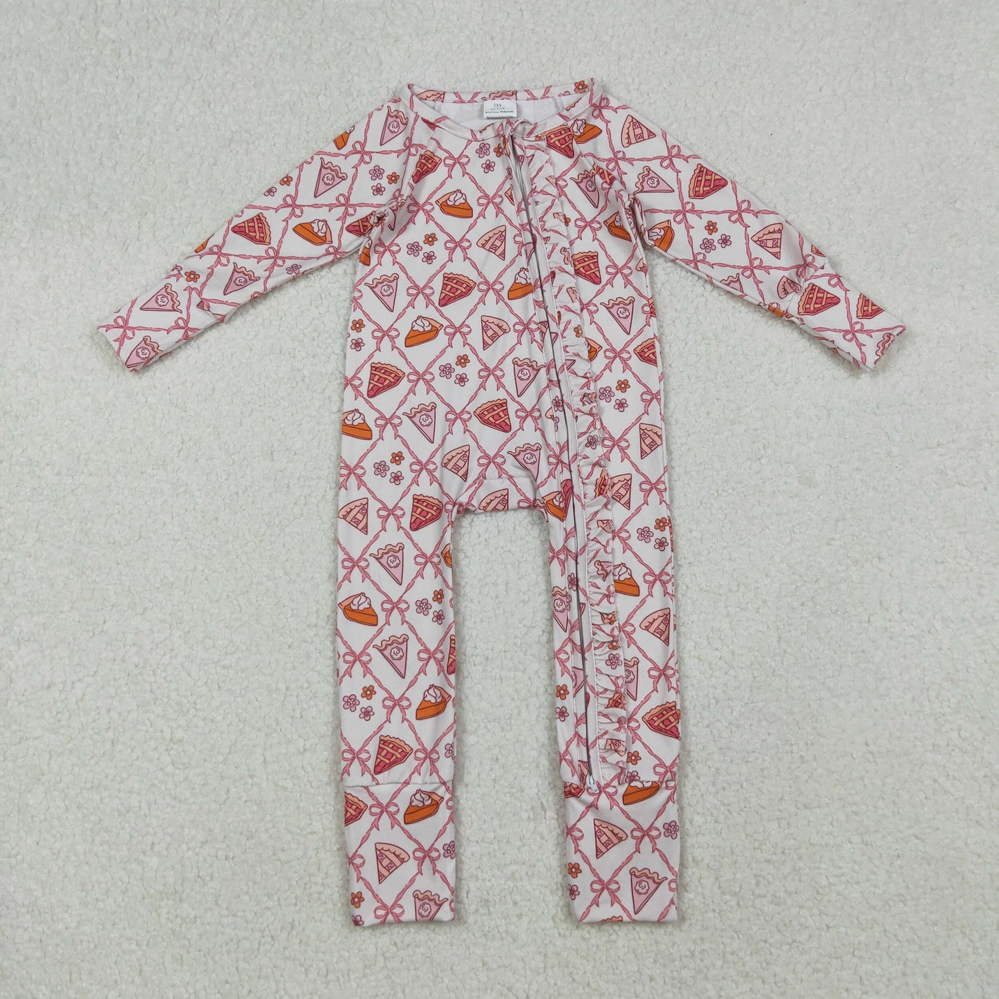 Sibling Baby Girls Bows Flowers Pie Checked Button Thanksgiving Pajamas Set Zip Footie Rompers