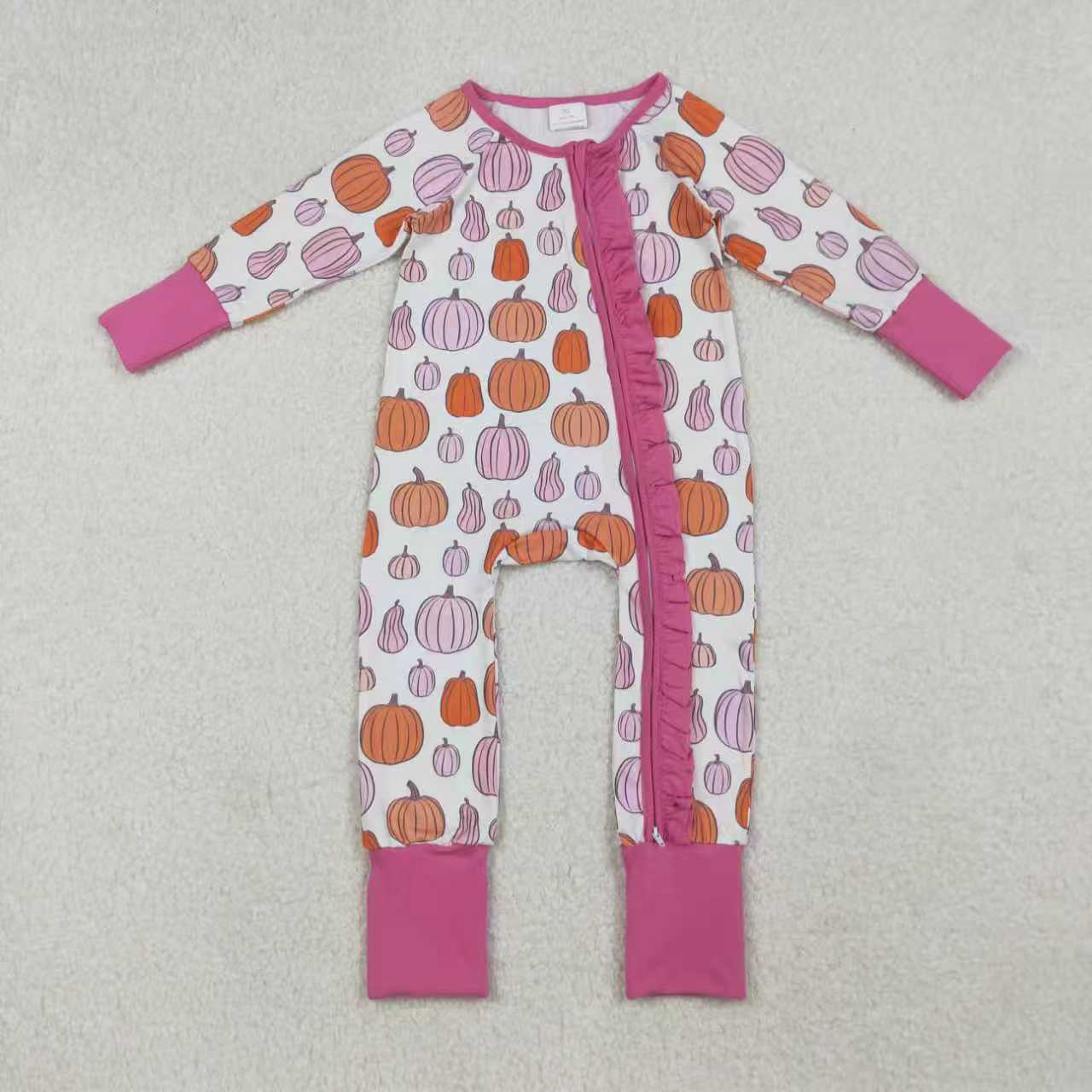 Sibling Baby Girls Pink Pumpkins Fall Pajamas Sets Ruffle Zipper Footie Rompers