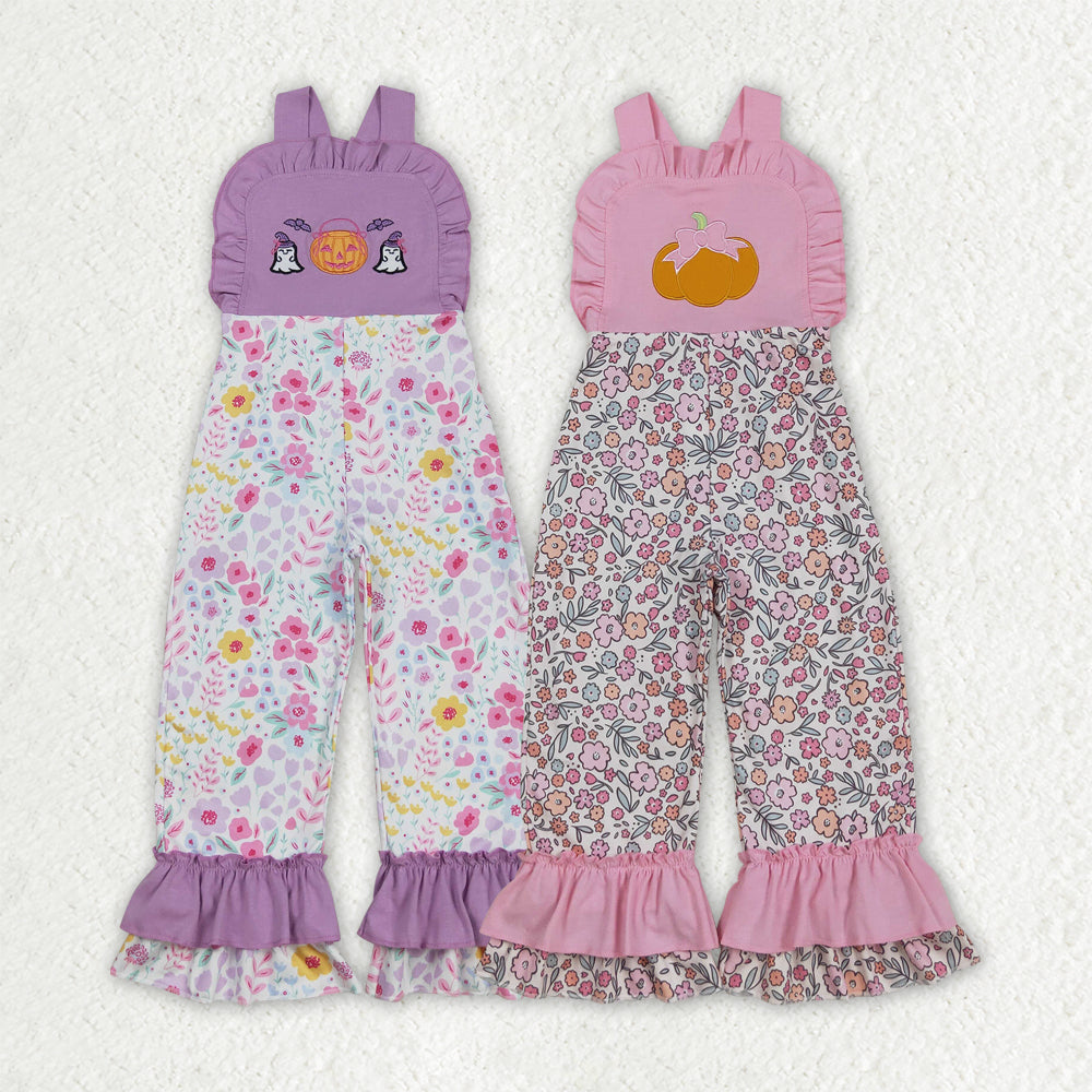 Sibling Embroidery Ghost Pumpkins Baby Girls Strap Floral Fall Halloween Ruffle Jumpsuits