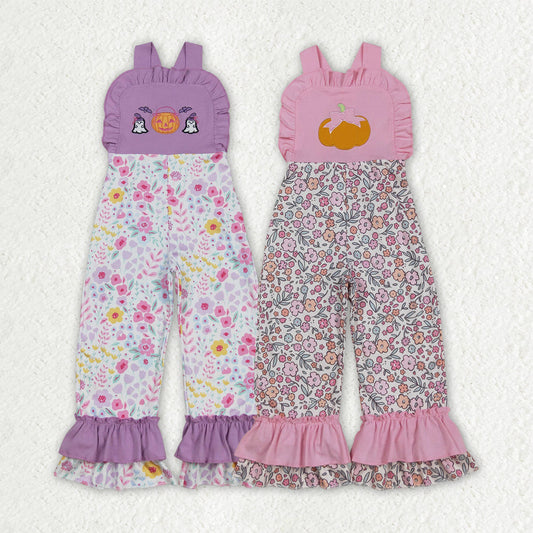 Sibling Embroidery Ghost Pumpkins Baby Girls Strap Floral Fall Halloween Ruffle Jumpsuits