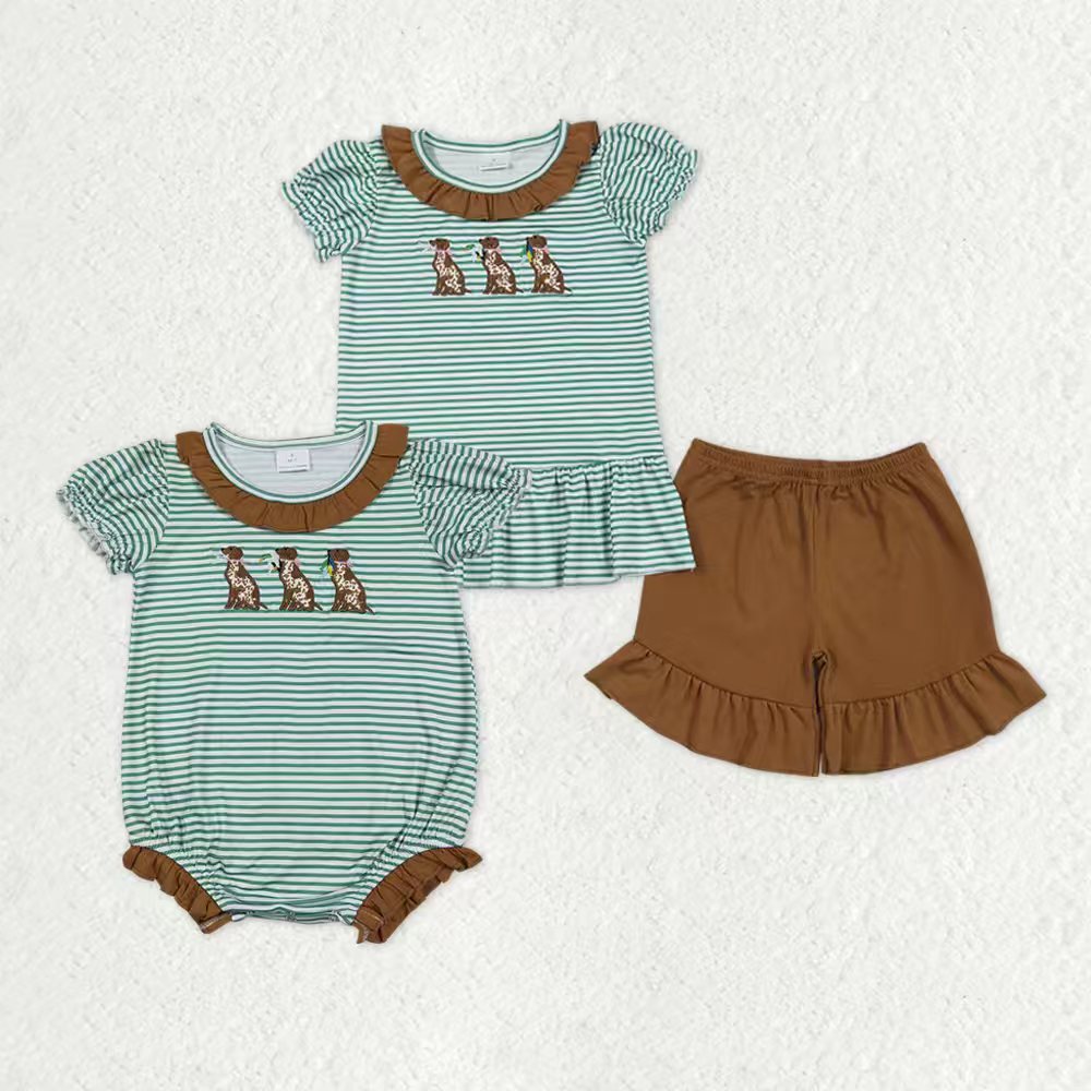 Sibling Baby Girls Embroidery Duck Dogs Ruffle Shorts Hunting Clothes Sets Rompers