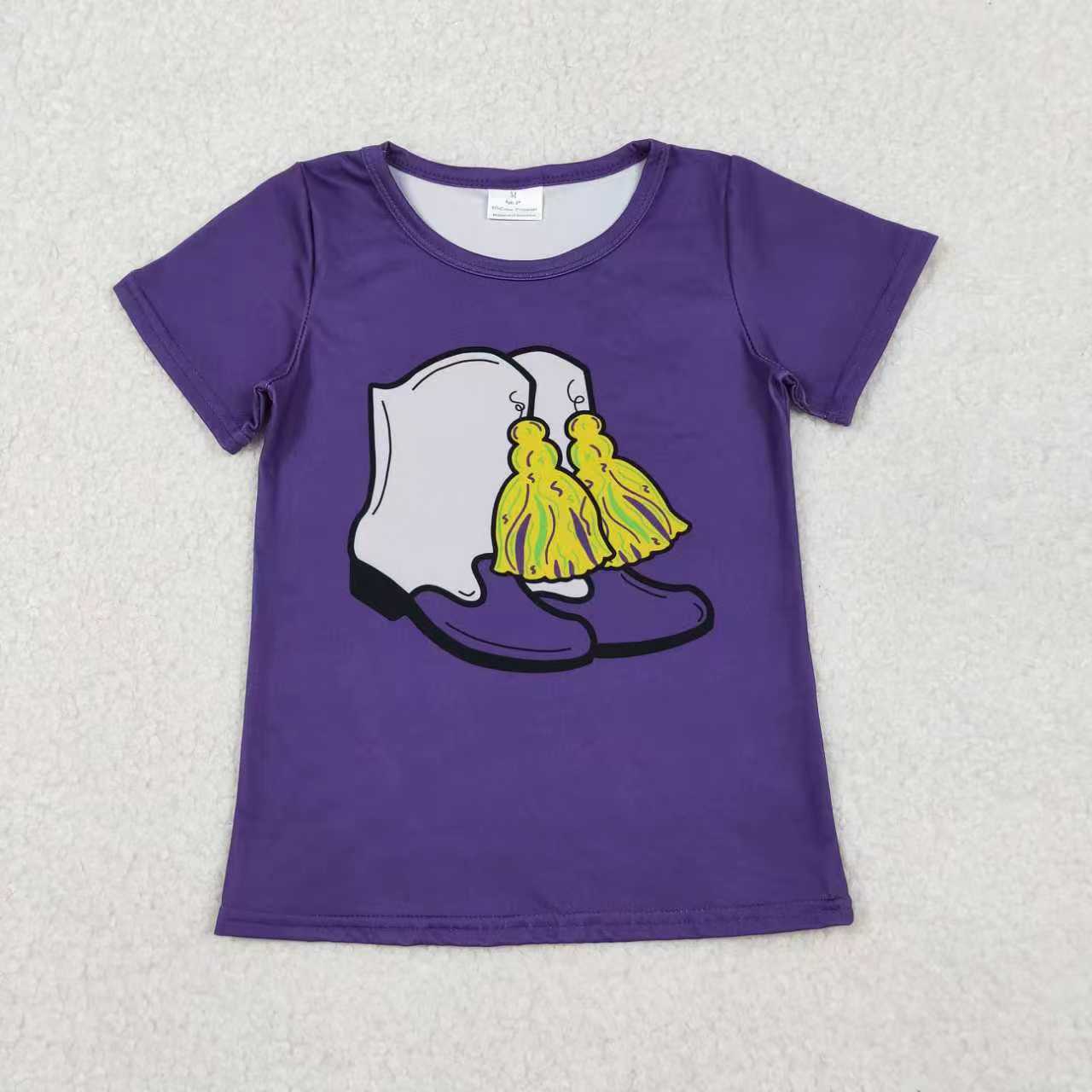 Sibling Baby Girls Purple Short Sleeve Bow Donuts Boots Tassel Mardigras T-shirts Tops
