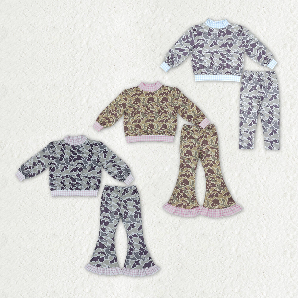Sibling Baby Boys Girls Long Sleeves Grey Khaki Camo Choker Tops Pants Clothes Sets