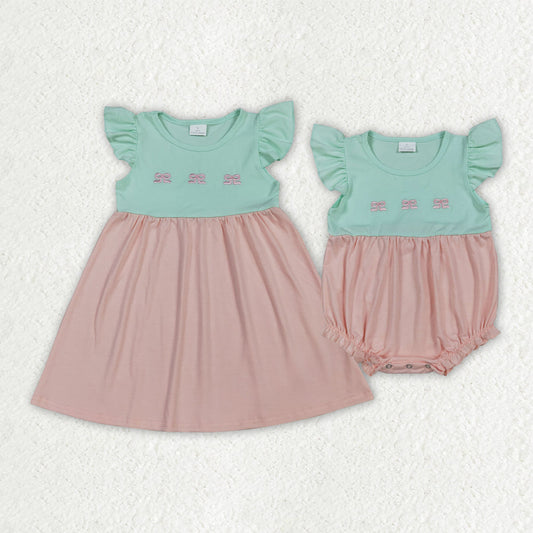 Sibling Baby Girls Flutter Sleeves Embroidery Bows Knee Length Dress Ruffle Rompers