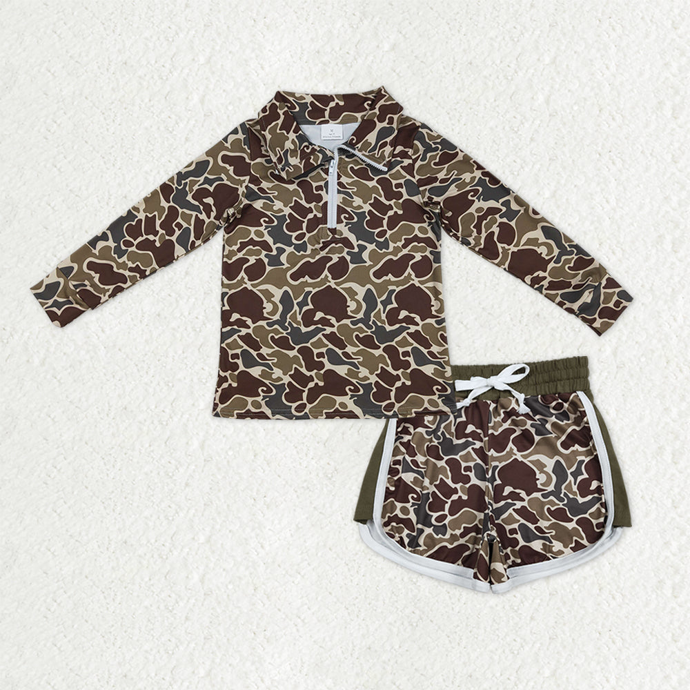 Baby Girls Southern Dark Khaki Camo Zip Pullover Top Shorts Clothes Sets