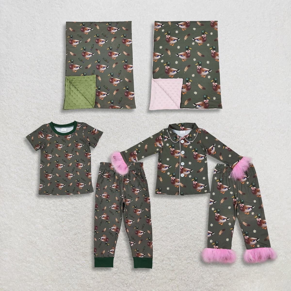 Sibling Baby Kids Ducks Calls Flowers Hunting Pajamas Sets Blanked