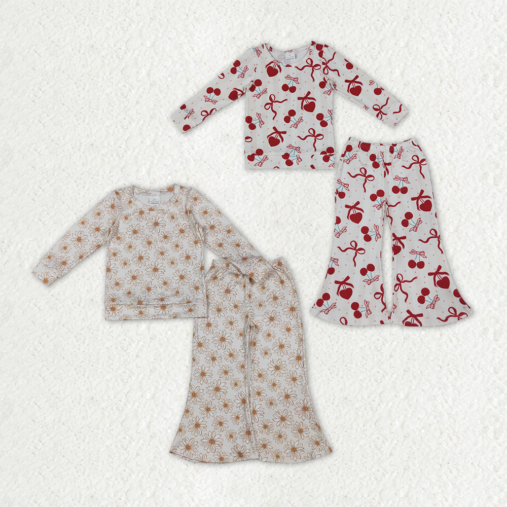 Sibling Baby Girls Daisy Flowers Cherry Hearts Shirts Top Flare Pant Clothes Sets