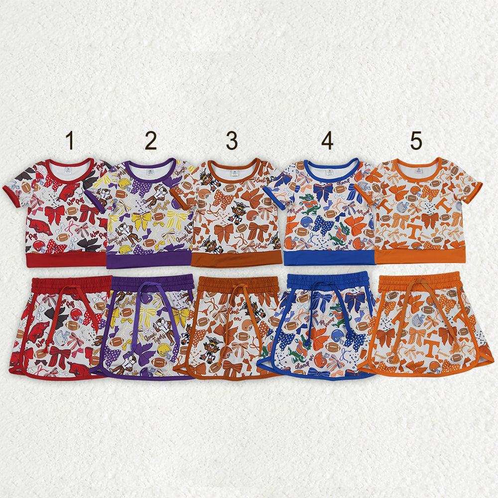 Sibling Baby Girls Short Sleeve Bows Footballs Top Skirt Shorts Team Clothes Sets