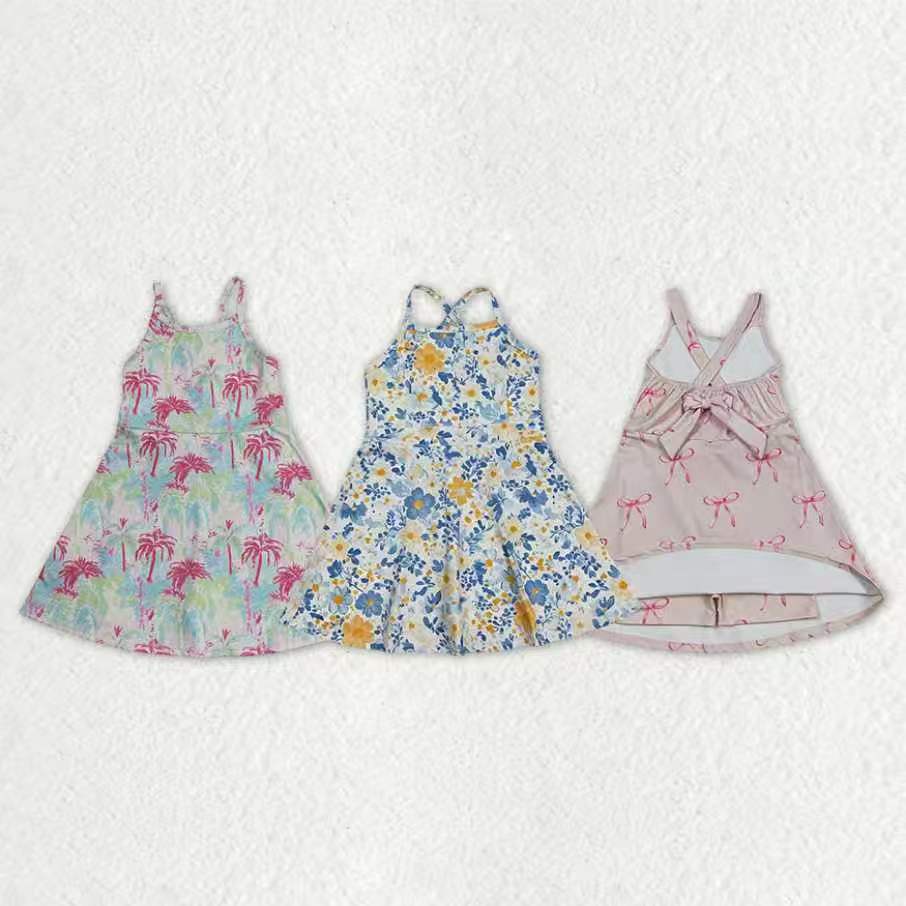 Sibling Baby Girls Strap Bows Flowers Yoga Active Shorts Knee Length Dresses