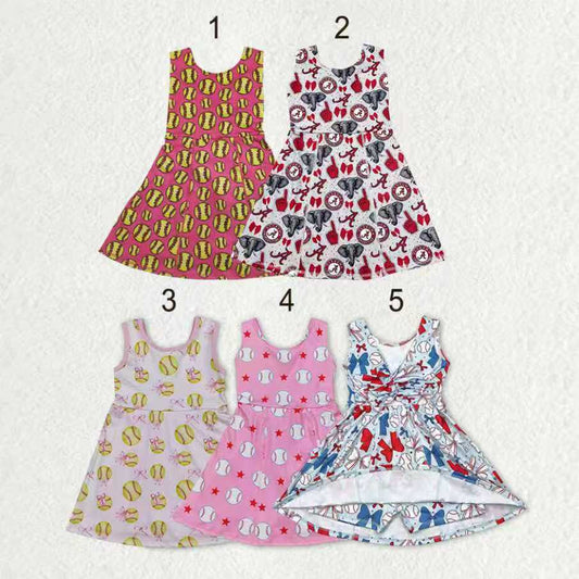 Sibling Baby Girls Softballs Baseballs Bows Yoga Active Short Team Knee Length Dresses
