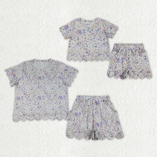 Mama and Me Girls Colorful Flowers Top Pockets Short Scallop Clothes Sets