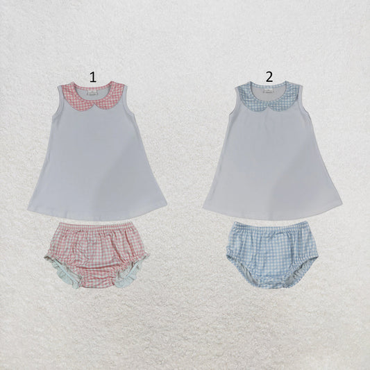 Sibling Baby Kids Sleeveless Collar Tunic Checked Bummies Clothes Sets