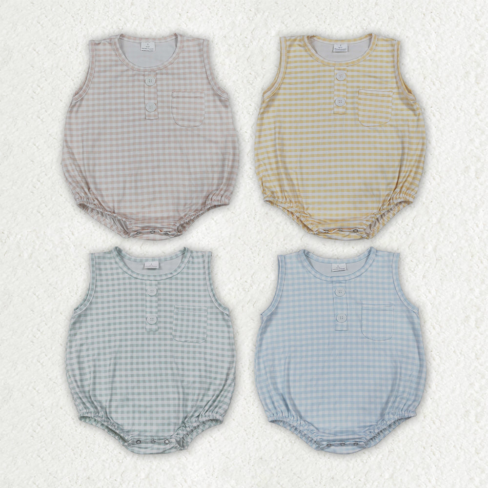Sibling Baby Boys Sleeveless Colorful Checked Button Pocket Rompers