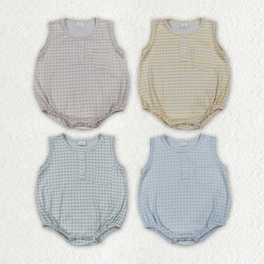 Sibling Baby Boys Sleeveless Colorful Checked Button Pocket Rompers