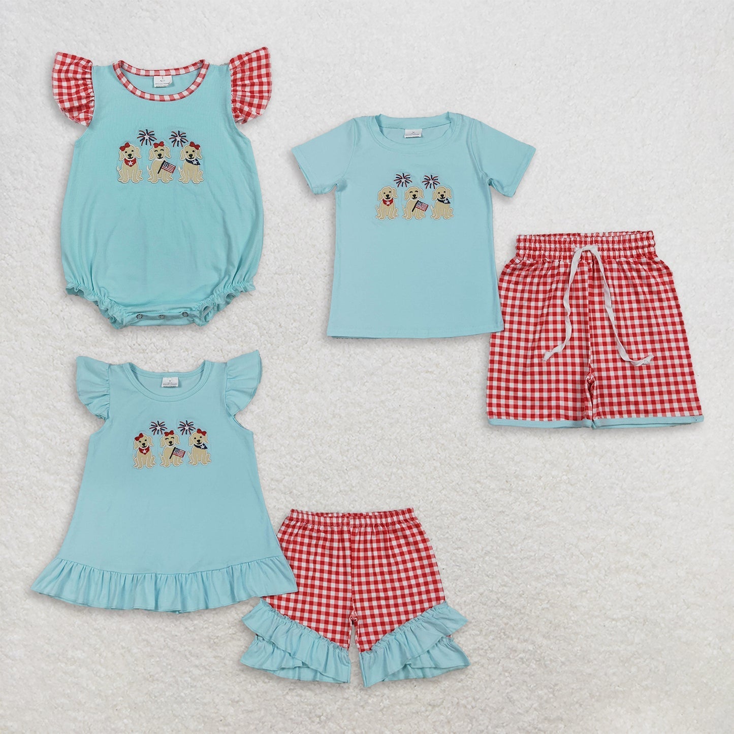 Sibling Baby Kids Embroidery Dogs Flags Shirt Shorts 4th of July Clothes Set Rompers
